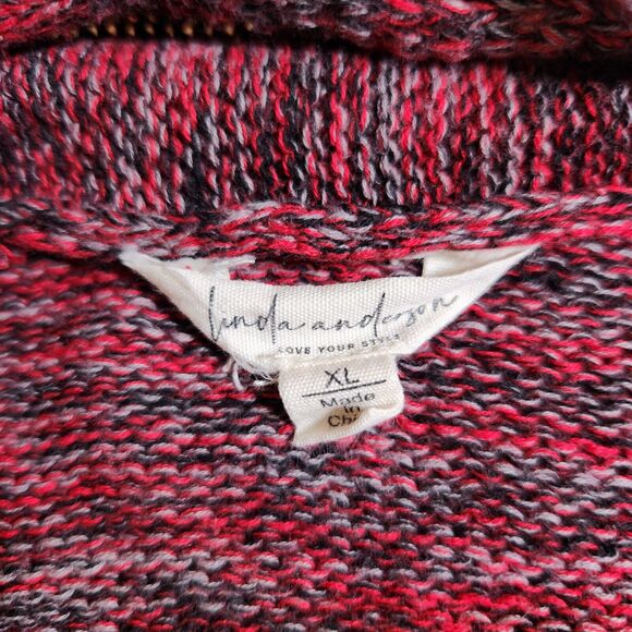 Linda Anderson XL $64 Red Black‎ Pink Heather Waterfall Open Front Knit Cardigan - Picture 5 of 8